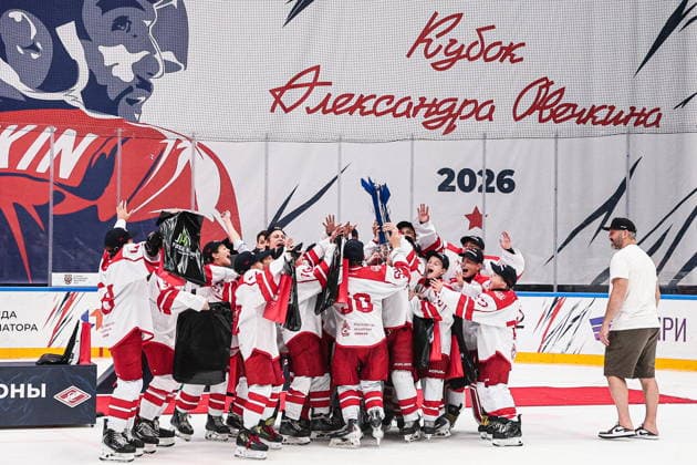 RUSSIA, MYTISHCHI - AUGUST 8, 2026: Gold medal winners, Spartak Moscow U12, during the victory ceremony after the 2026 Ovi Cup final Ice hockey, Eishockey match in Mytishchi, northeast of Moscow. Ovi Cup is an annual youth ice hockey tournament named after three-time world champion Alexander Ovechkin and first held in 2018. Sofya Sandurskaya TASS  95915521
