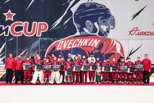 RUSSIA, MYTISHCHI - AUGUST 8, 2026: Silver medallists, Lokomotiv Yaroslavl U12, gold medal winners, Spartak Moscow U12 and bronze medallists, Mikhailov Academy Novomoskovsk U12 players, (L-R) are seen during the victory ceremony after the 2026 Ovi Cup final Ice hockey, Eishockey match in Mytishchi, northeast of Moscow. Ovi Cup is an annual youth ice hockey tournament named after three-time world champion Alexander Ovechkin and first held in 2018. Centre left back: Russian State Duma member, retired hockey player Vyacheslav Fetisov. Centre right back: hockey player Alexander Ovechkin. Sofya Sandurskaya TASS  95915513