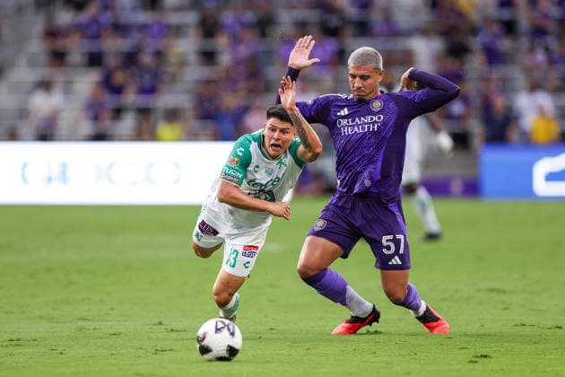 August 8, 2026, Orlando, Florida, USA: Orlando City SC defender IAGO TEODORO DA SILVA NOGUEIRA (57) and LeoÂ³n midfielder DANIEL ARCILA (13) battles for the ball. Orlando City SC hosted Leon in a Leagues Cup march at Inter.Co Stadium in Orlando, FL. Orlando USA - ZUMAm299 20260808_znp_m299_004 Copyright: xTaylorxMcFeex
