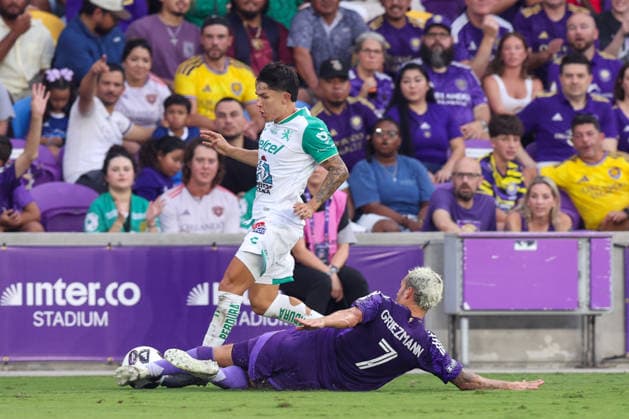 August 8, 2026, Orlando, Florida, USA: Orlando City SC forward ANTOINE GREIZMANN (7) makes a sliding tackle against Leon. Orlando City SC hosted Leon in a Leagues Cup march at Inter.Co Stadium in Orlando, FL. Soccer 2026: Leon 2:1 Orlando City SC  - ZUMAm299 20260808_znp_m299_014 Copyright: xTaylorxMcFeex