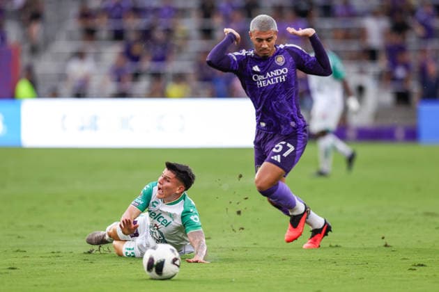 August 8, 2026, Orlando, Florida, USA: Orlando City SC defender IAGO TEODORO DA SILVA NOGUEIRA (57) and LeoÂ³n midfielder DANIEL ARCILA (13) battles for the ball. Orlando City SC hosted Leon in a Leagues Cup march at Inter.Co Stadium in Orlando, FL. Soccer 2026: Leon 2:1 Orlando City SC  - ZUMAm299 20260808_znp_m299_015 Copyright: xTaylorxMcFeex