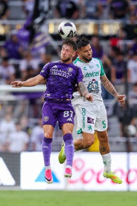 August 8, 2026, Orlando, Florida, USA: Orlando City SC midfielder MARCO PAA ALIÄ (87) and LeoÂ³n defender SEBASTIAN VEGAS (5) heads the ball during a Leagues Cup match. Orlando City SC hosted Leon in a Leagues Cup march at Inter.Co Stadium in Orlando, FL. Soccer 2026: Leon 2:1 Orlando City SC  - ZUMAm299 20260808_znp_m299_019 Copyright: xTaylorxMcFeex