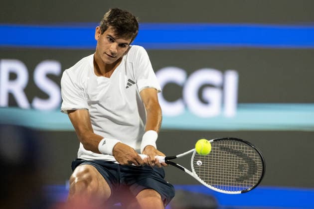 MONTREAL, QC - AUGUST 08: Raphael Jodar from Spain returns the ball the ball against Jiri Lehecka from Czeckia during their singles Round of 16 match on day seven of the ATP, Tennis Herren 1000 National Bank Open presented by Rogers at Stade IGA on August 8, 2026 in Montreal, Quebec, Canada. (Photo by Vincent Ethier Icon Sportswire) TENNIS: AUG 08 National Bank Open EDITORIAL USE ONLY Icon2608082981