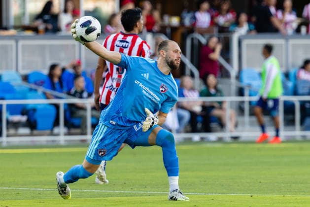 SAN JOSE, CA - AUGUST 08: Jonathan Sirois 40 of FC Dallas throws the ball during a Leagues Cup Phase One match against Chivas de Guadalajara on August 8, 2026 at PayPal Park in San Jose, CA. (Photo by Matthew Huang Icon Sportswire) SOCCER: AUG 08 Leagues Cup Chivas de Guadalajara vs Dallas EDITORIAL USE ONLY Icon260808007