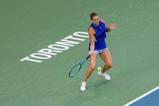 WTA, Tennis Damen Masters 1000 National Bank Open Toronto 2026 - Round of 16 - Day 8 Aryna Sabalenka of Belarus plays a forehand during the Women™s Singles round of 16 match against Yekaterina Aleksandrova of Russia on day 8 of the WTA Masters 1000 National Bank Open at Sobeys Stadium on August 8, 2026, in Toronto, Canada. (Photo by Leonardo Ramirez Eyepix Group) Copyright: xLeonardoxRamirezx xEyepixxGroupx LR_08082026_09377