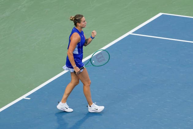 WTA, Tennis Damen Masters 1000 National Bank Open Toronto 2026 - Round of 16 - Day 8 Aryna Sabalenka of Belarus celebrates after a point during the Women™s Singles round of 16 match against Yekaterina Aleksandrova of Russia on day 8 of the WTA Masters 1000 National Bank Open at Sobeys Stadium on August 8, 2026, in Toronto, Canada. (Photo by Leonardo Ramirez Eyepix Group) Copyright: xLeonardoxRamirezx xEyepixxGroupx LR_08082026_09378