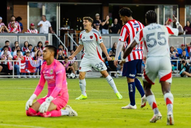 SAN JOSE, CA - AUGUST 08: Logan Farrington 23 of FC Dallas scores a goal in the second half of a Leagues Cup Phase One match against Chivas de Guadalajara on August 8, 2026 at PayPal Park in San Jose, CA. (Photo by Matthew Huang Icon Sportswire) SOCCER: AUG 08 Leagues Cup Chivas de Guadalajara vs Dallas EDITORIAL USE ONLY Icon260808008