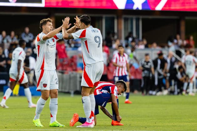 SAN JOSE, CA - AUGUST 08: Logan Farrington 23 of FC Dallas celebrates a goal with Petar Musa 9 in the second half of a Leagues Cup Phase One match against Chivas de Guadalajara on August 8, 2026 at PayPal Park in San Jose, CA. (Photo by Matthew Huang Icon Sportswire) SOCCER: AUG 08 Leagues Cup Chivas de Guadalajara vs Dallas EDITORIAL USE ONLY Icon260808012
