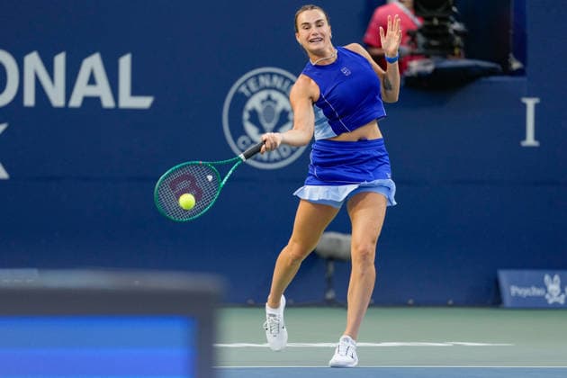 WTA, Tennis Damen Masters 1000 National Bank Open Toronto 2026 - Round of 16 - Day 8 Aryna Sabalenka of Belarus plays a forehand during the Women™s Singles round of 16 match against Yekaterina Aleksandrova of Russia on day 8 of the WTA Masters 1000 National Bank Open at Sobeys Stadium on August 8, 2026, in Toronto, Canada. (Photo by Leonardo Ramirez Eyepix Group) Copyright: xLeonardoxRamirezx xEyepixxGroupx LR_08082026_09403