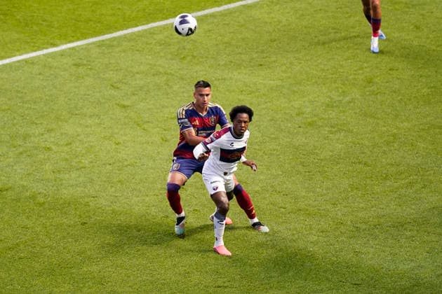 SANDY, UT - AUGUST 08: Juan Arias 21 of Real Salt Lake and Jhojan Julio 7 of Atlante FC battle for possession during the Leagues Cup Phase One match between Atlante FC and Real Salt Lake on August 8, 2026 at America First Field in Sandy, UT. (Photo by Aaron Baker Icon Sportswire) SOCCER: AUG 08 Leagues Cup Salt Lake vs Atlante EDITORIAL USE ONLY Icon260808019