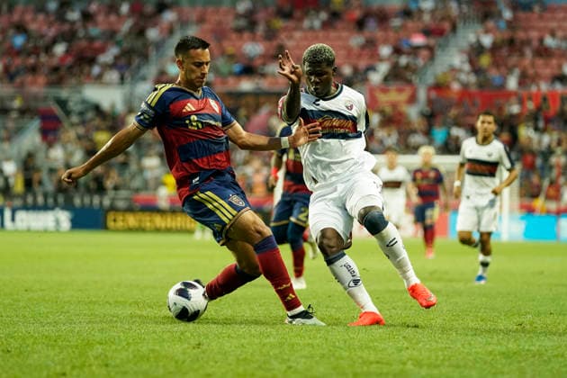 SANDY, UT - AUGUST 08: Juan Arias 21 of Real Salt Lake and Jairon Charcopa 15 of Atlante FC battle for possession during the Leagues Cup Phase One match between Atlante FC and Real Salt Lake on August 8, 2026 at America First Field in Sandy, UT. (Photo by Aaron Baker Icon Sportswire) SOCCER: AUG 08 Leagues Cup Salt Lake vs Atlante EDITORIAL USE ONLY Icon260808020