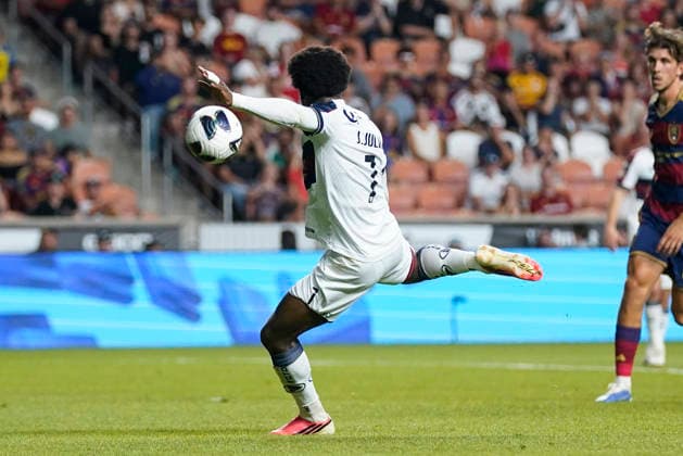 SANDY, UT - AUGUST 08: Jhojan Julio 7 of Atlante FC shoots the ball during the Leagues Cup Phase One match between Atlante FC and Real Salt Lake on August 8, 2026 at America First Field in Sandy, UT. (Photo by Aaron Baker Icon Sportswire) SOCCER: AUG 08 Leagues Cup Salt Lake vs Atlante EDITORIAL USE ONLY Icon260808024