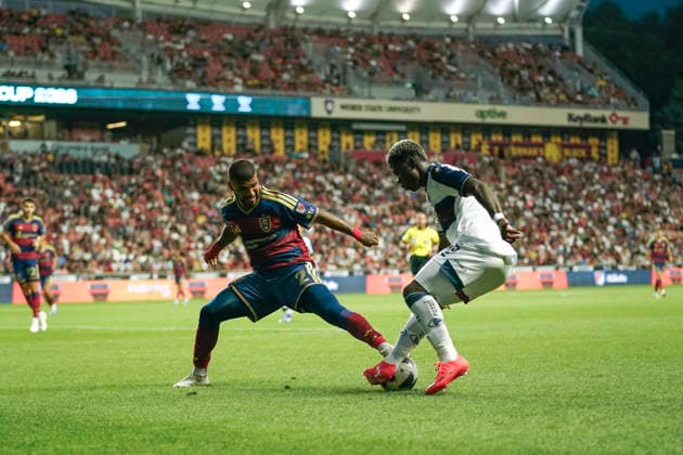 oSANDY, UT - AUGUST 08: DeAndre Yedlin 2 of Real Salt Lake defends Jairon Charcopa 15 of Atlante FC during the Leagues Cup Phase One match between Atlante FC and Real Salt Lake on August 8, 2026 at America First Field in Sandy, UT. (Photo by Aaron Baker Icon Sportswire) SOCCER: AUG 08 Leagues Cup Salt Lake vs Atlante EDITORIAL USE ONLY Icon260808028