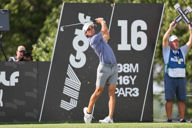 BEDMINSTER, NJ - AUGUST 08: Joaquin Niemann of the LIV Golf League tees off on the 16th tee during the third round of LIV Golf New York on August 8, 2026 at Trump National Golf Club in Bedminster, New Jersey. (Photo by Andrew Mordzynski Icon Sportswire) GOLF: AUG 08 LIV Golf New York EDITORIAL USE ONLY Icon2608088160521