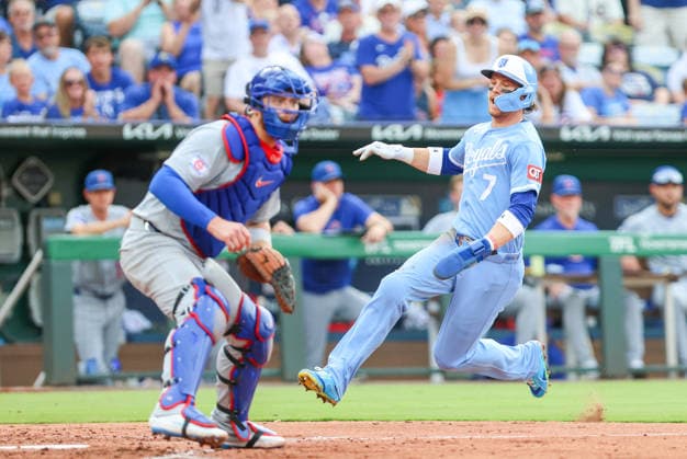 AUG 08, 2026: Kansas City Royals shortstop Bobby Witt Jr. (7) slides into home plate and scores in the 3rd inning against the Chicago Cubs at Kauffman Stadium Kansas City, MO. CSM Kansas City United States - ZUMAc04_ 20260808_zma_c04_371 Copyright: xRomanxPunox