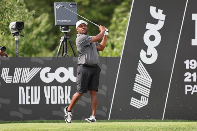 BEDMINSTER, NJ - AUGUST 08: Harold Varner III of the LIV Golf League tees off on the 16th hole during the third round of LIV Golf New York on August 8, 2026 at Trump National Golf Club in Bedminster, New Jersey. (Photo by Andrew Mordzynski Icon Sportswire) GOLF: AUG 08 LIV Golf New York EDITORIAL USE ONLY Icon2608088160542