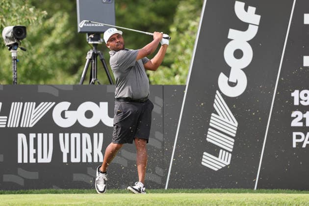 BEDMINSTER, NJ - AUGUST 08: Harold Varner III of the LIV Golf League tees off on the 16th hole during the third round of LIV Golf New York on August 8, 2026 at Trump National Golf Club in Bedminster, New Jersey. (Photo by Andrew Mordzynski Icon Sportswire) GOLF: AUG 08 LIV Golf New York EDITORIAL USE ONLY Icon2608088160543