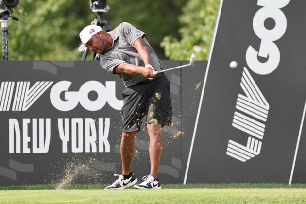 BEDMINSTER, NJ - AUGUST 08: Harold Varner III of the LIV Golf League tees off on the 16th hole during the third round of LIV Golf New York on August 8, 2026 at Trump National Golf Club in Bedminster, New Jersey. (Photo by Andrew Mordzynski Icon Sportswire) GOLF: AUG 08 LIV Golf New York EDITORIAL USE ONLY Icon2608088160544