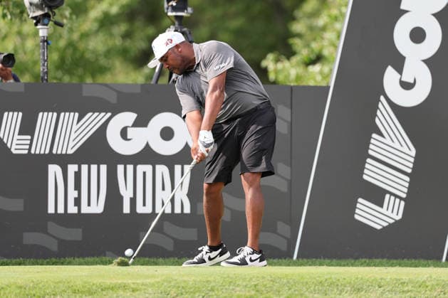 BEDMINSTER, NJ - AUGUST 08: Harold Varner III of the LIV Golf League tees off on the 16th hole during the third round of LIV Golf New York on August 8, 2026 at Trump National Golf Club in Bedminster, New Jersey. (Photo by Andrew Mordzynski Icon Sportswire) GOLF: AUG 08 LIV Golf New York EDITORIAL USE ONLY Icon2608088160545