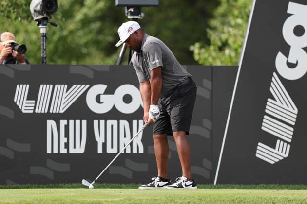 BEDMINSTER, NJ - AUGUST 08: Harold Varner III of the LIV Golf League tees off on the 16th hole during the third round of LIV Golf New York on August 8, 2026 at Trump National Golf Club in Bedminster, New Jersey. (Photo by Andrew Mordzynski Icon Sportswire) GOLF: AUG 08 LIV Golf New York EDITORIAL USE ONLY Icon2608088160546