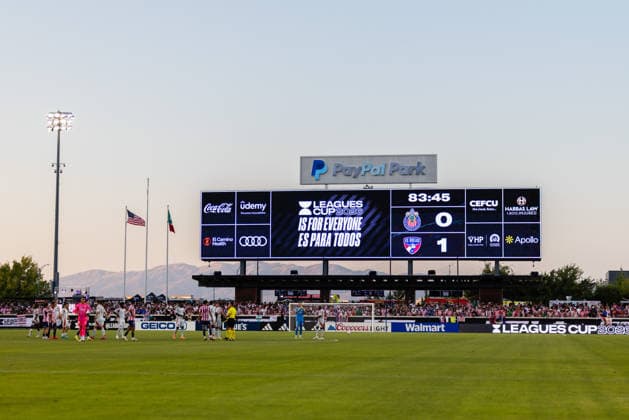 SAN JOSE, CA - AUGUST 08: The video board displays Leagues Cup 2026 is for Everyone during a Leagues Cup Phase One match between Chivas de Guadalajara and FC Dallas on August 8, 2026 at PayPal Park in San Jose, CA. (Photo by Matthew Huang Icon Sportswire) SOCCER: AUG 08 Leagues Cup Chivas de Guadalajara vs Dallas EDITORIAL USE ONLY Icon260808018