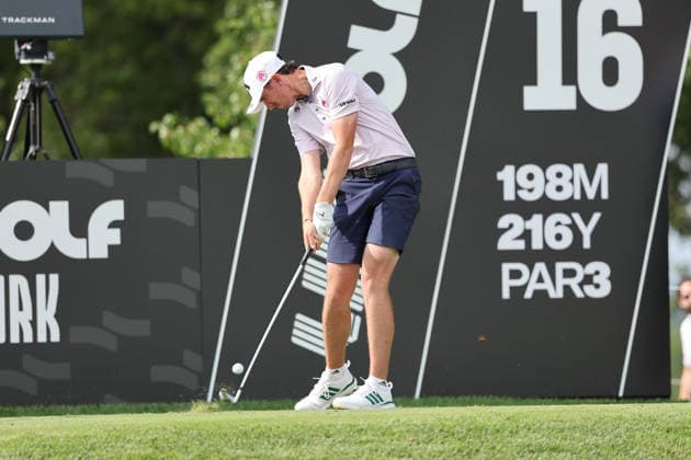 BEDMINSTER, NJ - AUGUST 08: Tom McKibbin of the LIV Golf League tees off on the 16th hole during the third round of LIV Golf New York on August 8, 2026 at Trump National Golf Club in Bedminster, New Jersey. (Photo by Andrew Mordzynski Icon Sportswire) GOLF: AUG 08 LIV Golf New York EDITORIAL USE ONLY Icon2608088160547
