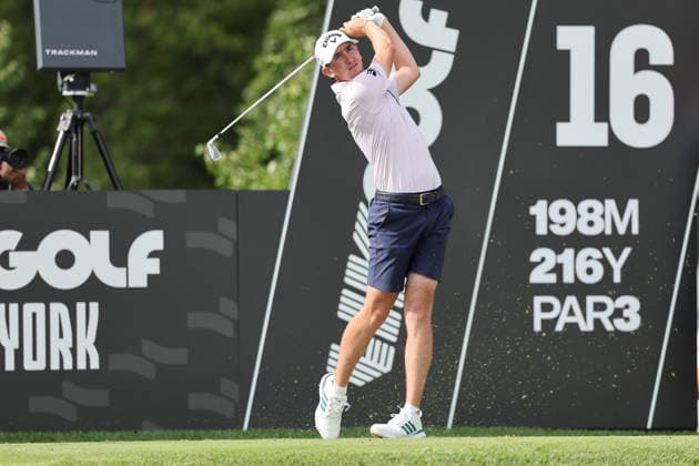 BEDMINSTER, NJ - AUGUST 08: Tom McKibbin of the LIV Golf League tees off on the 16th hole during the third round of LIV Golf New York on August 8, 2026 at Trump National Golf Club in Bedminster, New Jersey. (Photo by Andrew Mordzynski Icon Sportswire) GOLF: AUG 08 LIV Golf New York EDITORIAL USE ONLY Icon2608088160548