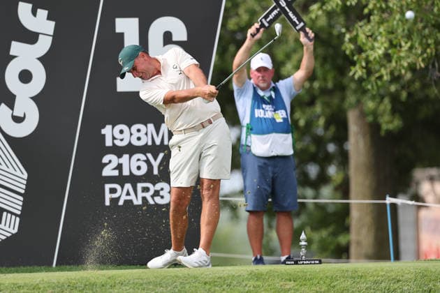 BEDMINSTER, NJ - AUGUST 08: Richard Bland of the LIV Golf League tees off on the 16th hole during the third round of LIV Golf New York on August 8, 2026 at Trump National Golf Club in Bedminster, New Jersey. (Photo by Andrew Mordzynski Icon Sportswire) GOLF: AUG 08 LIV Golf New York EDITORIAL USE ONLY Icon2608088160550