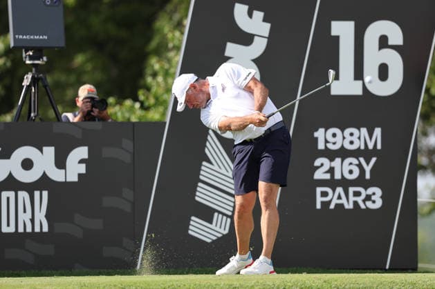 BEDMINSTER, NJ - AUGUST 08: Lee Westwood of the LIV Golf League tees off on the 16th hole during the third round of LIV Golf New York on August 8, 2026 at Trump National Golf Club in Bedminster, New Jersey. (Photo by Andrew Mordzynski Icon Sportswire) GOLF: AUG 08 LIV Golf New York EDITORIAL USE ONLY Icon2608088160556