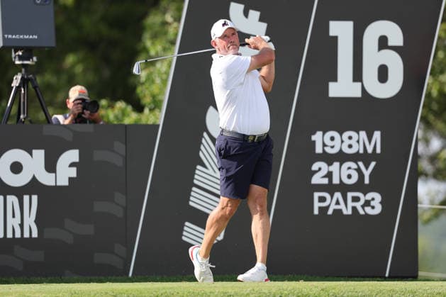 BEDMINSTER, NJ - AUGUST 08: Lee Westwood of the LIV Golf League tees off on the 16th hole during the third round of LIV Golf New York on August 8, 2026 at Trump National Golf Club in Bedminster, New Jersey. (Photo by Andrew Mordzynski Icon Sportswire) GOLF: AUG 08 LIV Golf New York EDITORIAL USE ONLY Icon2608088160558