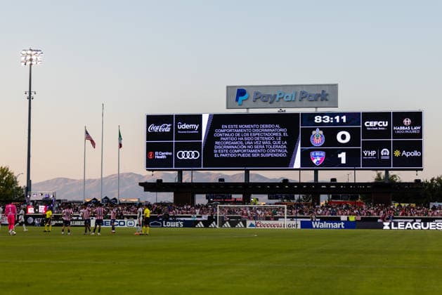 SAN JOSE, CA - AUGUST 08: The video board displays a message that play has been stop due to discriminatory behavior by fans during a Leagues Cup Phase One match between Chivas de Guadalajara and FC Dallas on August 8, 2026 at PayPal Park in San Jose, CA. (Photo by Matthew Huang Icon Sportswire) SOCCER: AUG 08 Leagues Cup Chivas de Guadalajara vs Dallas EDITORIAL USE ONLY Icon260808024