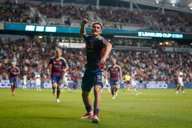SANDY, UT - AUGUST 08: Zach Booth 23 of Real Salt Lake celebrates a second half goal during the Leagues Cup Phase One match between Atlante FC and Real Salt Lake on August 8, 2026 at America First Field in Sandy, UT. (Photo by Aaron Baker Icon Sportswire) SOCCER: AUG 08 Leagues Cup Salt Lake vs Atlante EDITORIAL USE ONLY Icon260808031