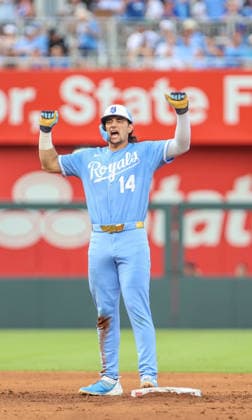 MLB, Baseball Herren, USA 2026: Cubs Vs Royals Aug 8th AUG 08, 2026: Kansas City Royals outfielder Jac Caglianone (14) celebrates at second base in the 5th inning against the Chicago Cubs at Kauffman Stadium Kansas City, MO. Roman Puno CSM (Credit Image: Â Roman Puno Cal Media) Kansas City Missouri United States EDITORIAL USE ONLY Copyright: xx ZUMA-20260808_zma_c04_373.jpg RomanxPunox csmphotothree510013