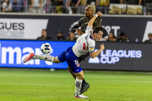August 8, 2026, Los Angeles, California, USA: Los Angeles FC defender Nkosi Tafari Burgess (91) and Toluca FC forward Federico SebastioÂ¡n VioÂ±as Barboza (16) vie for the ball during a Leagues Club soccer match on Saturday, Aug. 8, 2026 in Los Angeles. Leagues Club 2026: LAFC Vs Toluca FC  - ZUMAc68_ 20260808_zaf_c68_002 Copyright: xRingoxChiux