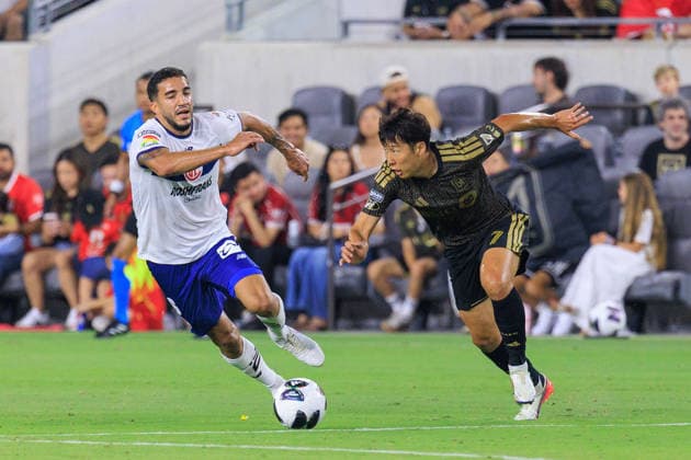 August 8, 2026, Los Angeles, California, USA: Son Heung-Min 7 of the Los Angeles Football Club is challenged by Andres Pereira 6 of the Toluca F.C. during the Leagues Cup game on Saturday August 8, 2026 at the BMO Stadium in Los Angeles, California. JAVIER ROJAS PI LAFC Vs. Toluca FC  - ZUMAp124 20260808_zaa_p124_005 Copyright: xJavierxRojasx