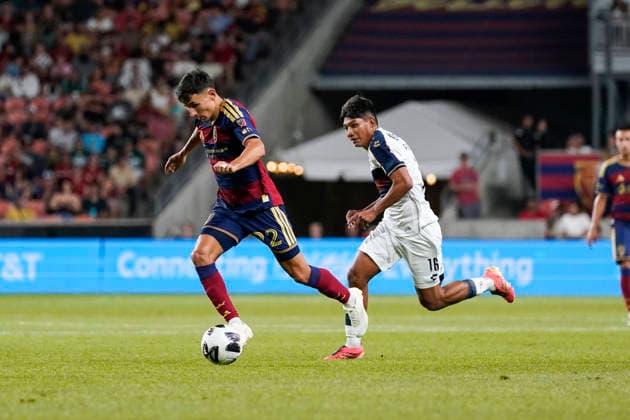 SANDY, UT - AUGUST 08: Noel Caliskan 92 of Real Salt Lake controls the ball while being defended JosÃ Gonzalez 16 of Atlante FC during the Leagues Cup Phase One match between Atlante FC and Real Salt Lake on August 8, 2026 at America First Field in Sandy, UT. (Photo by Aaron Baker Icon Sportswire) SOCCER: AUG 08 Leagues Cup Salt Lake vs Atlante EDITORIAL USE ONLY Icon260808033