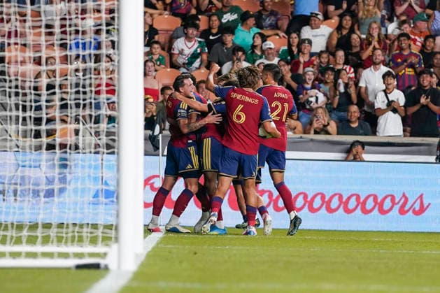 SANDY, UT - AUGUST 08:Real Salt Lake celebrates a second half goal scored by Lukas Engel 4 during the Leagues Cup Phase One match between Atlante FC and Real Salt Lake on August 8, 2026 at America First Field in Sandy, UT. (Photo by Aaron Baker Icon Sportswire) SOCCER: AUG 08 Leagues Cup Salt Lake vs Atlante EDITORIAL USE ONLY Icon260808040