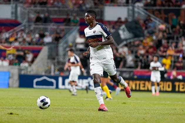 SANDY, UT - AUGUST 08: Diogo Bagüi 32 of Atlante FC controls the ball during the Leagues Cup Phase One match between Atlante FC and Real Salt Lake on August 8, 2026 at America First Field in Sandy, UT. (Photo by Aaron Baker Icon Sportswire) SOCCER: AUG 08 Leagues Cup Salt Lake vs Atlante EDITORIAL USE ONLY Icon260808041