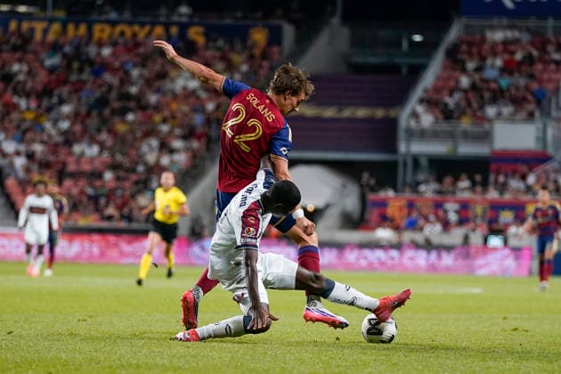 SANDY, UT - AUGUST 08: Sergi Solans 22 of Real Salt Lake and Diogo Bagüi 32 of Atlante FC battle for possession during the Leagues Cup Phase One match between Atlante FC and Real Salt Lake on August 8, 2026 at America First Field in Sandy, UT. (Photo by Aaron Baker Icon Sportswire) SOCCER: AUG 08 Leagues Cup Salt Lake vs Atlante EDITORIAL USE ONLY Icon260808042