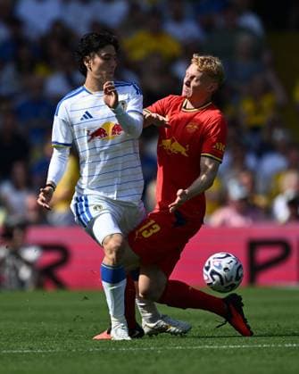 Ao Tanaka of Leeds United and Nicolas Seiwald of RB Leipzig Leeds United v RB Leipzig, Pre Season Friendly, Football, Elland Road, Leeds, UK - 08 Aug 2026Leeds Elland Road United Kingdom EDITORIAL USE ONLY No use with unauthorised audio, video, data, fixture lists, club league logos or live services. Online in-match use limited to 120 images, no video emulation. No use in betting, games or single club league player publications.  Copyright: xAnnaxGowthorpe Shutterstockx 17051042ct