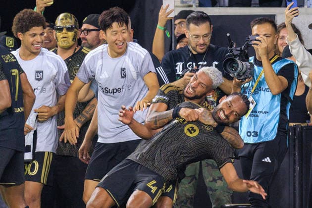 August 8, 2026, Los Angeles, California, USA: Eddie Segura 4 of the Los Angeles Football Club is congratulated by Denis Bouanga 99 as Son Heung-Min 7 watches after scoring a goal in extra time during the Leagues Cup game against the Toluca FC on Saturday August 8, 2026 at the BMO Stadium in Los Angeles, California. LAFC wins 1-0. JAVIER ROJAS PI Los Angeles USA - ZUMAp124 20260808_zaa_p124_009 Copyright: xJavierxRojasx