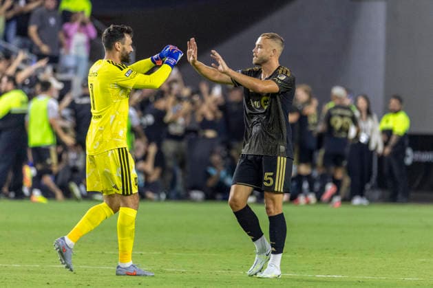 August 8, 2026, Los Angeles, California, USA: Los Angeles FC goalkeeper Hugo Lloris (1) and defender Ryan Thomas Porteous (5) celebrate after defender Eddie Segura (4) scoring against the Toluca FC during a Leagues Club soccer match on Saturday, Aug. 8, 2026 in Los Angeles. Leagues Club 2026: LAFC 1:0 Toluca FC  - ZUMAc68_ 20260808_zaf_c68_013 Copyright: xRingoxChiux