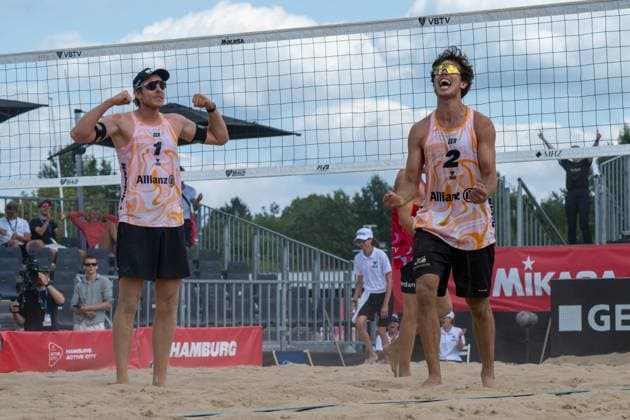 HAMBURG, GERMANY - AUGUST 8: Nils Ehlers (Player No. 1, GER), Lui Wüst (Player No. 2, GER) during the Beach Pro Tour - Elite 16 at Hamburg on August 8, 2026 in Hamburg, Germany. Germany Copyright: xPeterxWeberx