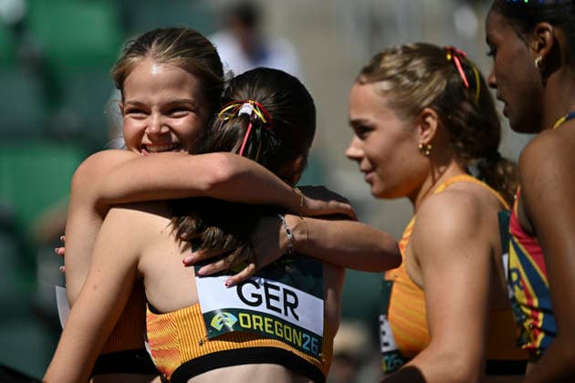 Leichtathletik, U20 WM in Eugene #2 World Athletics U20 Championships Oregon 2026 EUGENE, UNITED STATES OF AMERICA - 4x400m relay, Hannah Schwind, Luna Fischer, Eni Kuske, Ida Carlotta Schröder (GER) AUGUST 8, 2026 : competing during the World Athletics U20 Championships Oregon 2026 at Hayward Field on August 8, 2026 in Eugene, United States Of America. *** World Athletics U20 Championships Oregon 2026 EUGENE, UNITED STATES OF AMERICA 4x400m relay, Hannah Schwind, Luna Fischer, Eni Kuske, Ida Carlotta Schröder (GER) August 8, 2026, competing during the World Athletics U20 Championships Oregon 2026 at Hayward Field on August 8, 2026, in Eugene, United States of America Copyright: xBEAUTIFULxSPORTS DecaxText&Bildx