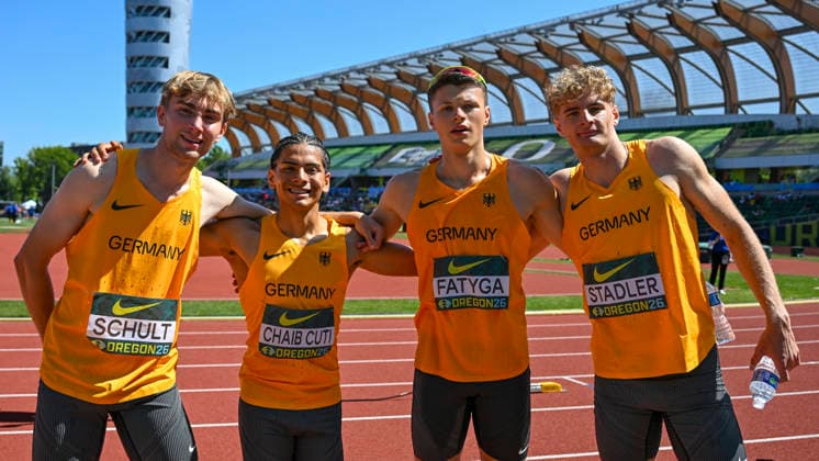 Leichtathletik, U20 WM in Eugene #2 World Athletics U20 Championships Oregon 2026 EUGENE, UNITED STATES OF AMERICA - AUGUST 8, 2026 : Tjark Schult, Amir Bilal Chaib Cuti, Michal Fatyga, Milan Stadler , 4x400m during the World Athletics U20 Championships Oregon 2026 at Hayward Field on August 8, 2026 in Eugene, United States Of America. *** World Athletics U20 Championships, Oregon 2026 EUGENE, UNITED STATES OF AMERICA AUGUST 8, 2026 Tjark Schult, Amir Bilal Chaib Cuti, Michal Fatyga, Milan Stadler, 4x400m during the World Athletics U20 Championships Oregon 2026 at Hayward Field on August 8, 2026, in Eugene, United States of America Copyright: xBEAUTIFULxSPORTS DecaxText&Bildx
