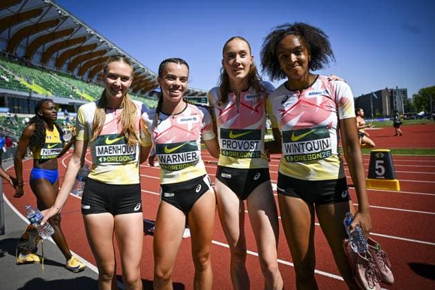Leichtathletik, U20 WM in Eugene #3 Belgian U20 Ellemieke Maenhoudt (Women s 4x400 Metres Relay); Belgian U20 Marie-Lou Warnier (Women s 4x400 Metres Relay); Belgian U20 Sterre Provost (Women s 4x400 Metres Relay) and Belgian U20 Maya Wintquin (Women s 4x400 Metres Relay) are pictured at the World Athletics U20 Championships, Sunday 9 August 2026, in Eugene, USA. The world championships take place from 5 to 9 August. THOMASxWINDESTAM  x182997922x
