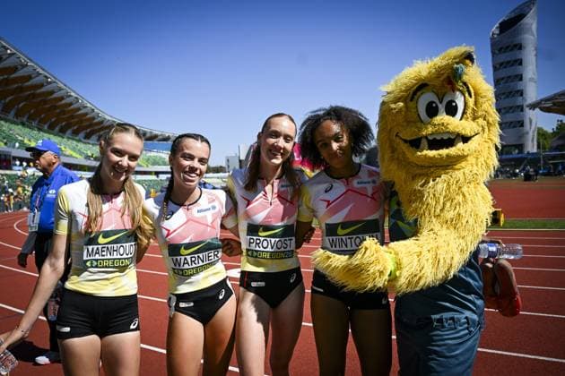 Leichtathletik, U20 WM in Eugene #3 Belgian U20 Ellemieke Maenhoudt (Women s 4x400 Metres Relay); Belgian U20 Marie-Lou Warnier (Women s 4x400 Metres Relay); Belgian U20 Sterre Provost (Women s 4x400 Metres Relay) and Belgian U20 Maya Wintquin (Women s 4x400 Metres Relay) are pictured at the World Athletics U20 Championships, Sunday 9 August 2026, in Eugene, USA. The world championships take place from 5 to 9 August. THOMASxWINDESTAM  x182997924x