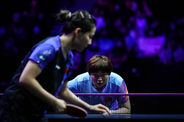 (260809) -- YOKOHAMA, Aug. 9, 2026 -- Kuai Man (rear) of China reacts during the women s singles semifinal match between Chen Xingtong of China and Kuai Man of China at the WTT Champions Yokohama 2026 in Yokohama, Japan, Aug. 9, 2026. ) (SP)JAPAN-YOKOHAMA Table tennis, Tischtennis WTT CHAMPIONS YOKOHAMA-WOMEN S SINGLES JiaxHaocheng 