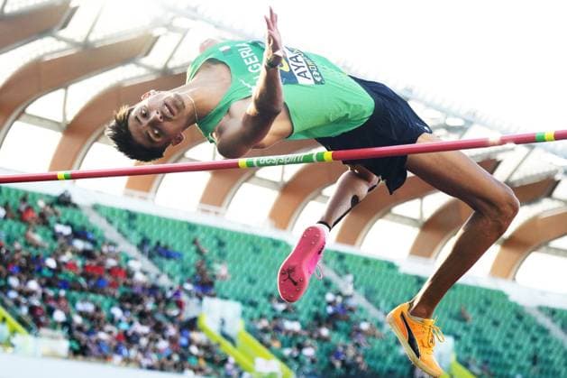 (260809) -- EUGENE, Aug. 9, 2026 -- Younes Ayachi of Algeria competes during the men s high jump at the 2026 World U20 Athletics Championships in Eugene, Oregon, the United States, Aug. 8, 2026. ) (SP)U.S.-EUGENE-ATHLETICS-2026 WORLD U20 CHAMPIONSHIPS WuxXiaoling 
