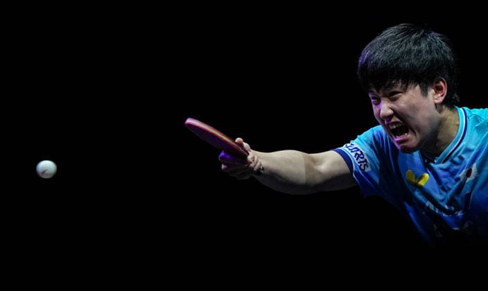 (260809) -- YOKOHAMA, Aug. 9, 2026 -- Harimoto Tomokazu of Japan hits a return during the men s singles semifinal match between Harimoto Tomokazu of Japan and Matsushima Sora of Japan at the WTT Champions Yokohama 2026 in Yokohama, Japan, Aug. 9, 2026. ) (SP)JAPAN-YOKOHAMA Table tennis, Tischtennis WTT CHAMPIONS YOKOHAMA-MEN S SINGLES JiaxHaocheng 